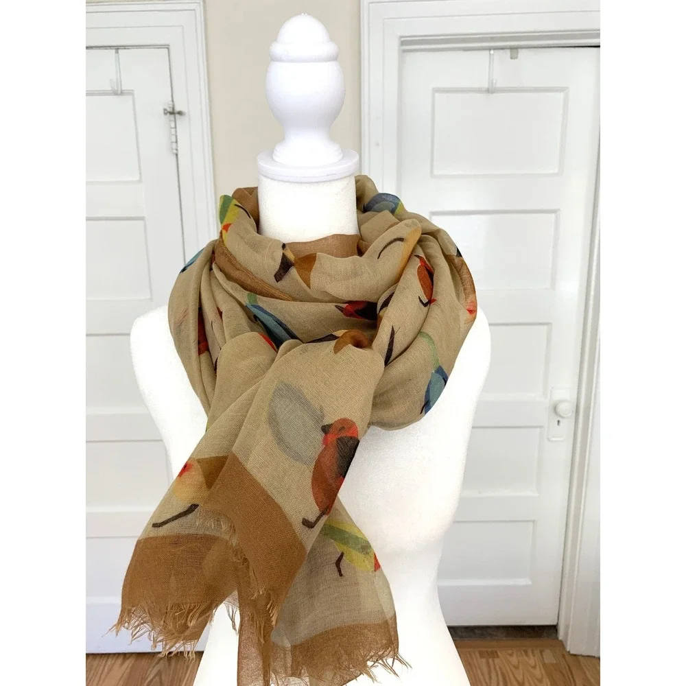 Nobia Songbird Print Scarf Tan Multi Colorful Bird Lightweight Wrap 40x72 fringe